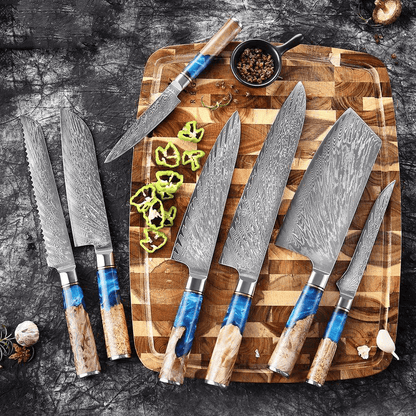 Katanami Japanese Damascus Steel Kitchen Knife Set – Celestial Blue Edition