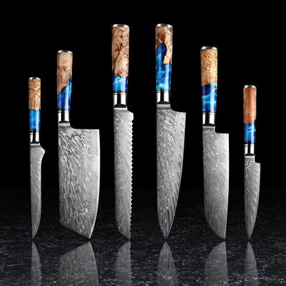 Katanami Japanese Damascus Steel Kitchen Knife Set – Celestial Blue Edition