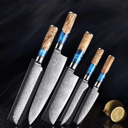 Katanami Japanese Damascus Steel Kitchen Knife Set – Celestial Blue Edition