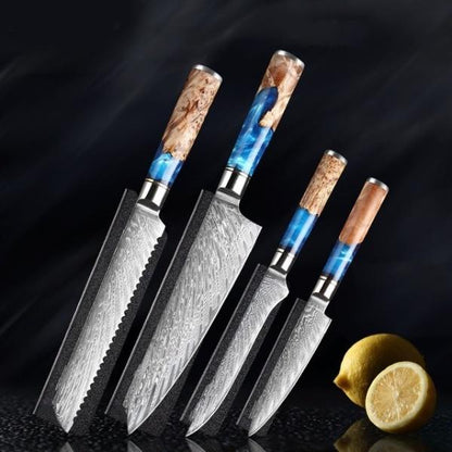 Katanami Japanese Damascus Steel Kitchen Knife Set – Celestial Blue Edition