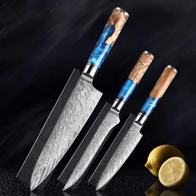 Katanami Japanese Damascus Steel Kitchen Knife Set – Celestial Blue Edition