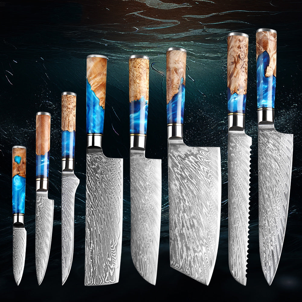 Katanami Japanese Damascus Steel Kitchen Knife Set – Celestial Blue Edition